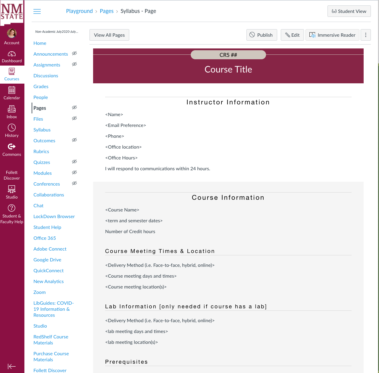 Screen shot of what the syllabus template will look like when it is opened in a canvas course page. 