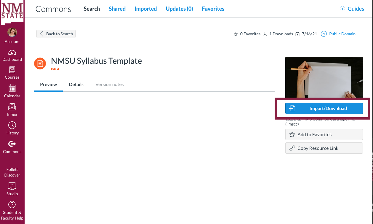 Screen shot of the NMSU Syllabus template in Canvas Commons with the Import/Download button highlighted. 
