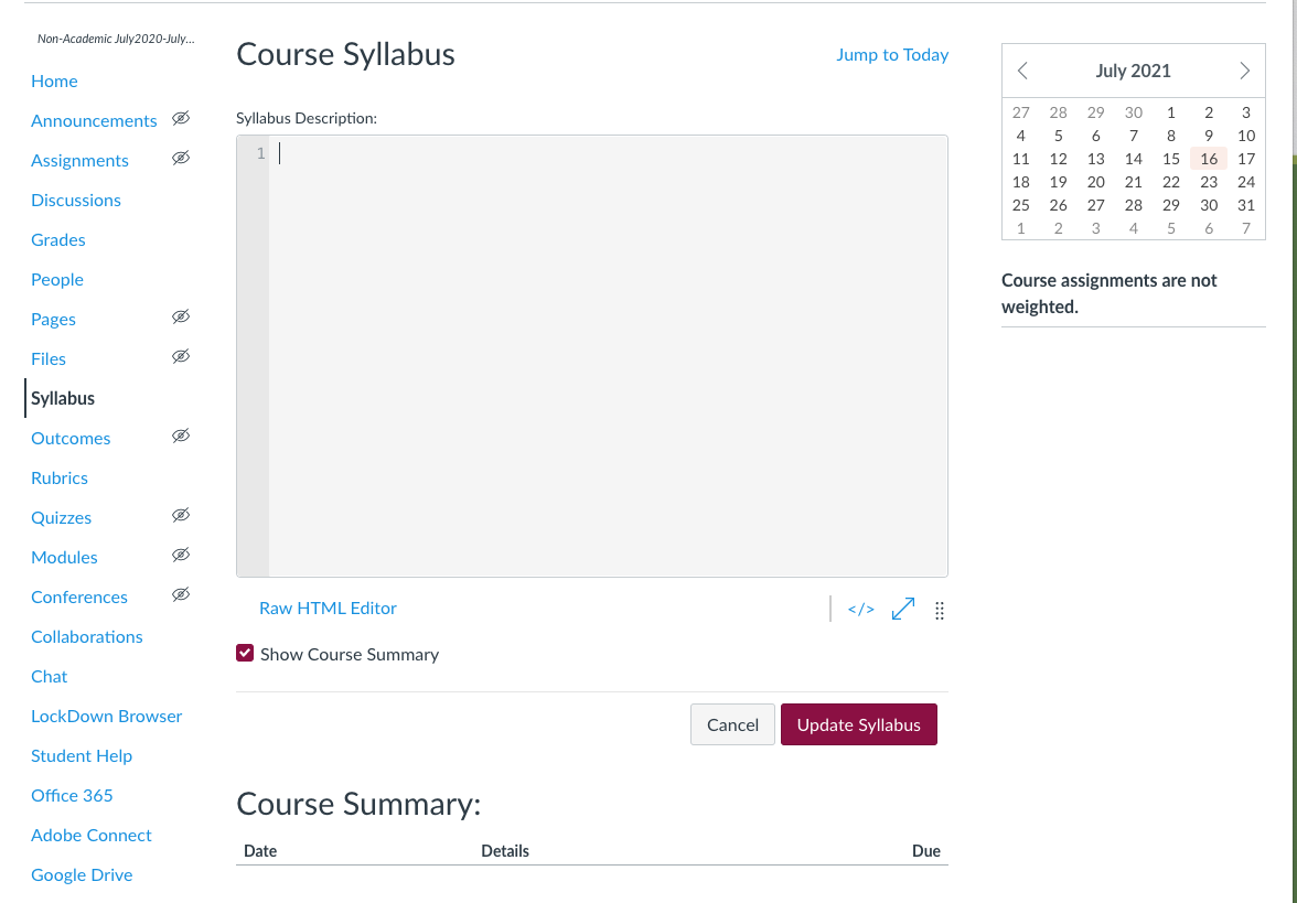 Screenshot of the syllabus canvas page before the syllabus template is pasted. 