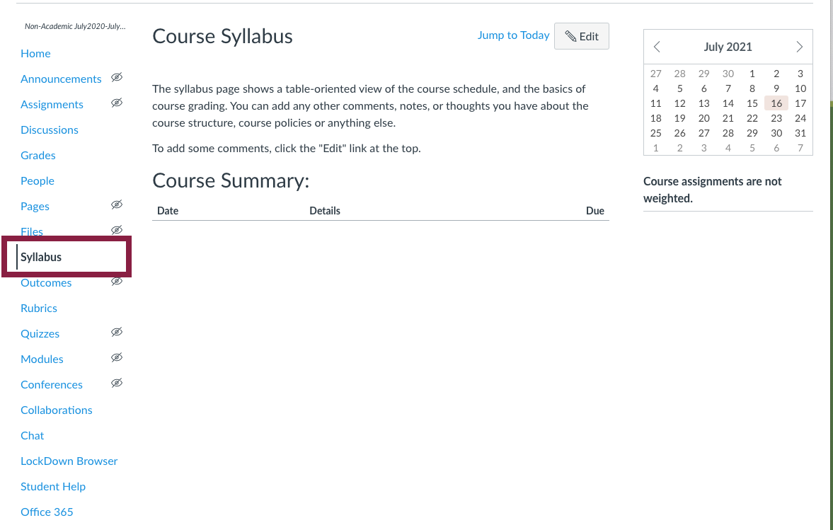 Screen shot highlighting the pre-loaded syllabus page in the canvas courses. 