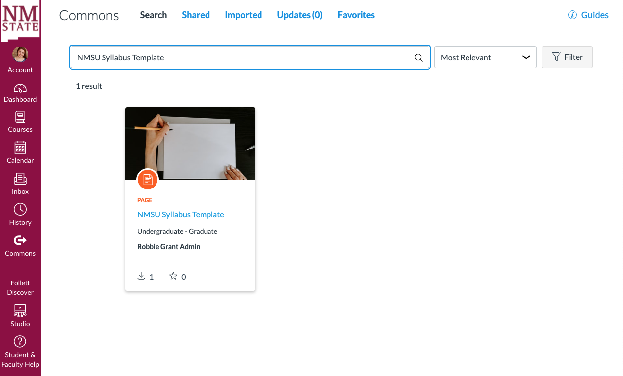 Screen grab of the Canvas Commons searching for the NMSU Syllabus Template.