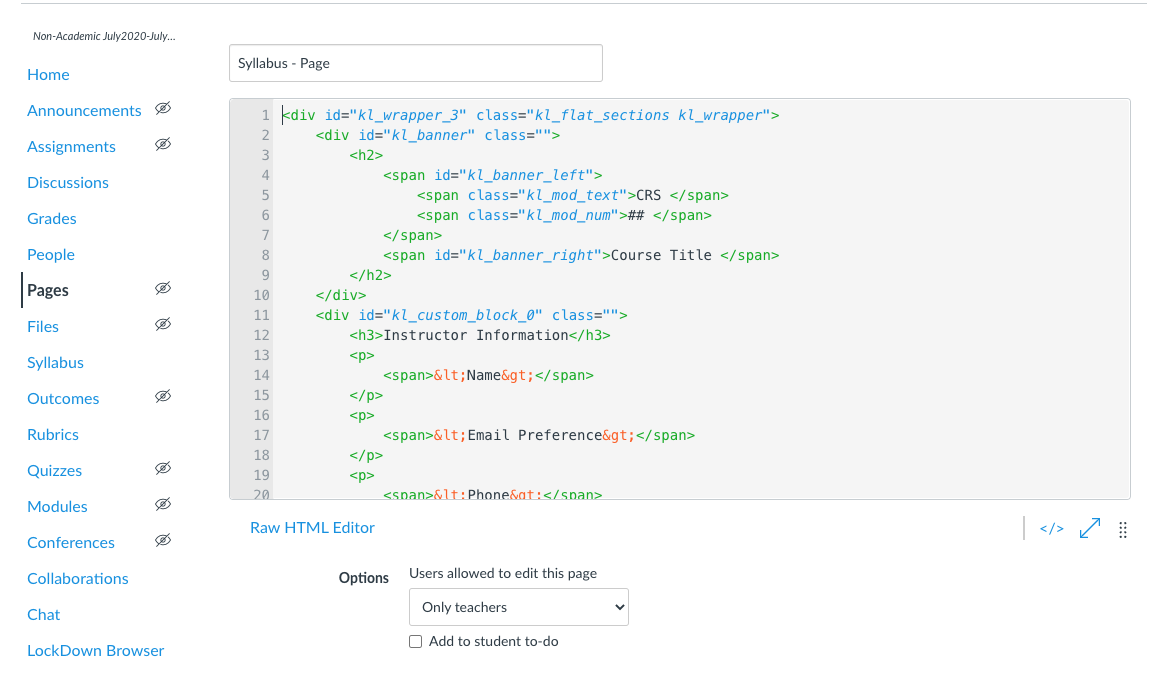 Screen shot of the HTML code of the Canvas Syllabus Template.